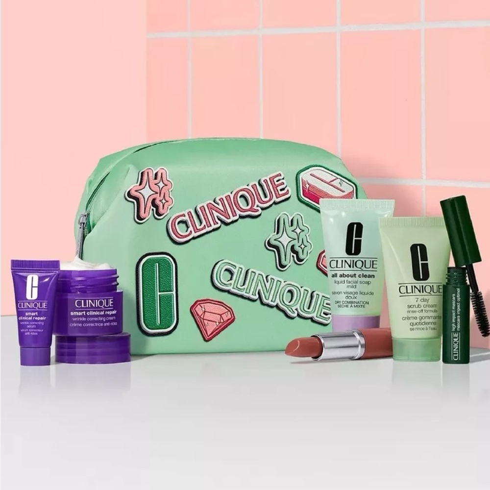 Clinique 6 pc travel size makeup skincare samples gift set,green bag New